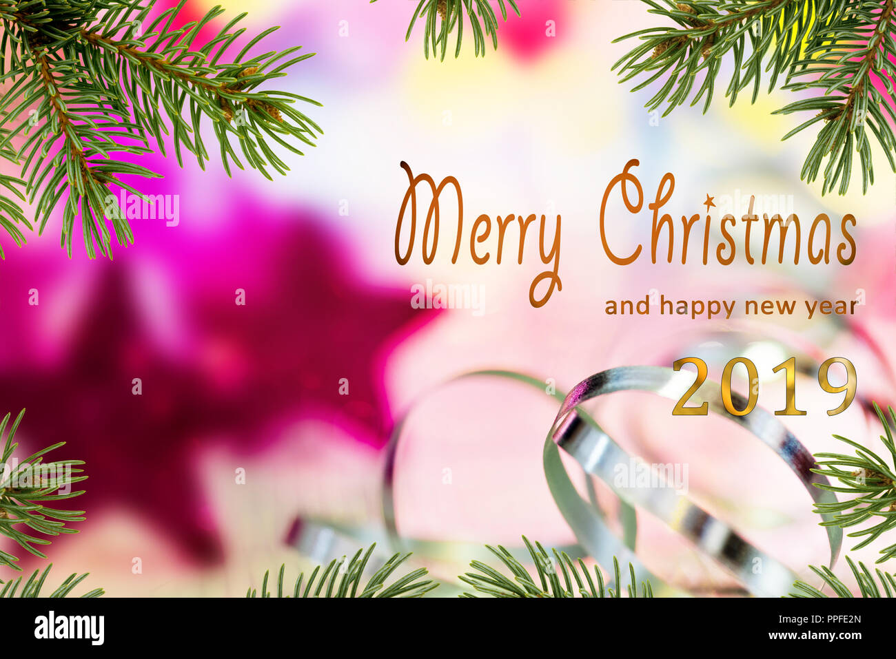 Weihnachten Hintergrund mit Frohe Weihnachten und ein glückliches neues Jahr 2019 Stockfoto