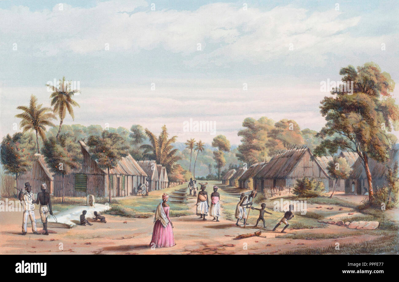 Ein Sklave Camp auf einem Suriname Plantage um 1860. Von einer zeitgenössischen Darstellung. Stockfoto