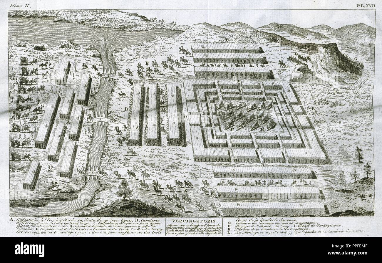 Julius Cäsar (100-44 v. Chr.). Politiker, römischer General und Schriftsteller. Gallischen Kriege. Commentarii De Bello Gallico (Kommentare zum Gallischen Krieg). Schlacht von Alesia, 52 v. Chr.. Kampf mit Vercingetorix (82-46 v. Chr.). Stockfoto