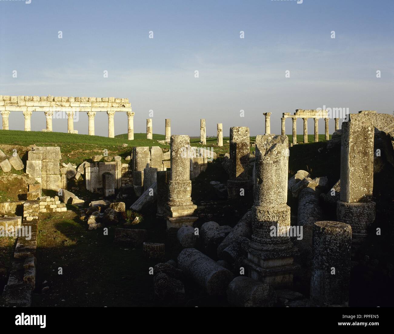 Syrien. Apamea oder Apameia (afamia). Es war eine antike griechische und römische Stadt. Die Ruinen der Tempel des Zeus Belos mit großen Kolonnade im Hintergrund. Foto vor dem syrischen Bürgerkrieg. Stockfoto