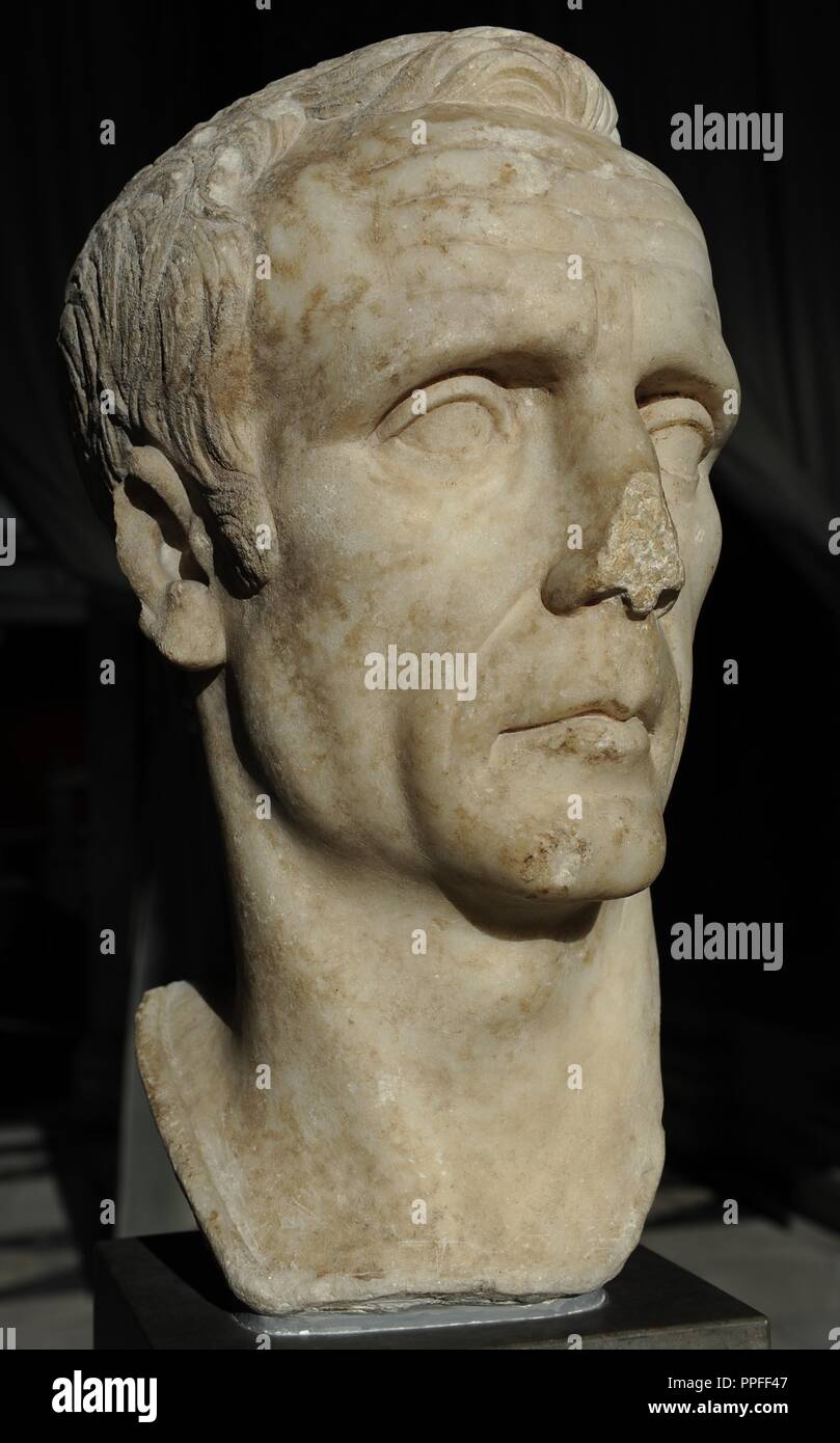 Büste als C. Julius Cäsar (102/100-44 B.C) oder als Dictador L.Cornelius Sulla (C. 138-78 v. Chr.). Vielleicht eher eine unbekannte Römische der Republik. 1. Jh. N.CHR. Marmor. Ny Carlsberg Glyptotek. Kopenhagen. Dänemark. Stockfoto