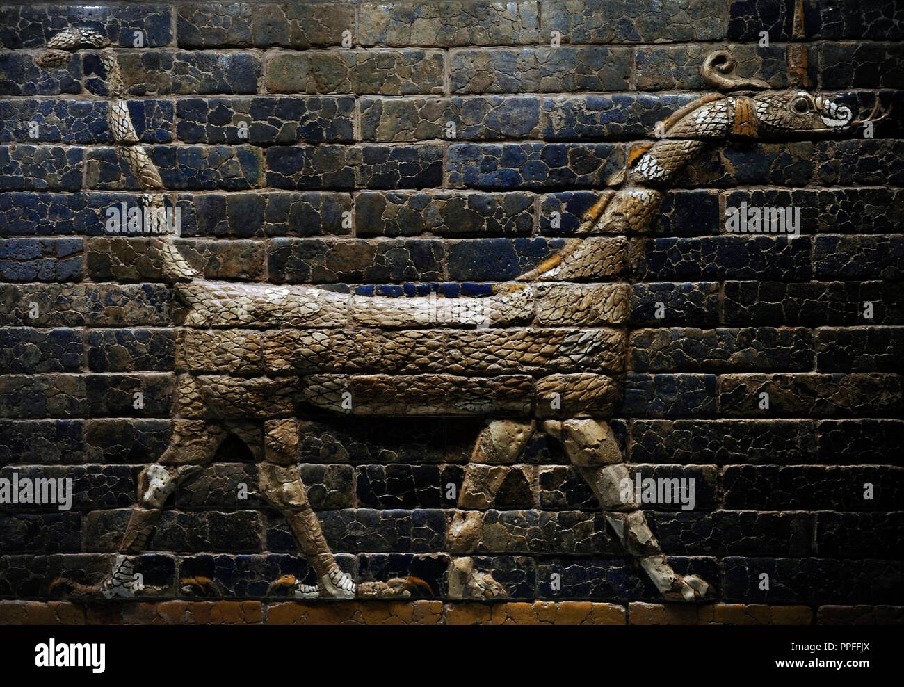 Die mesopotamische Kunst Neubabylonischen. Ishtar Tor, eine der acht Tore der inneren Mauer von Babylon. Im Jahr 575 v. Chr. während der Regierungszeit von Nebukadnezar II (604-562 v. Chr.) mit Blau glasierten Ziegeln mit abwechselnd Basrelief mit Drachen mushussu, auch als sirrush gebaut, und Auerochsen. Es war der babylonischen Göttin Ishtar gewidmet. Im Jahre 1930 wieder aufgebaut. Ein Drache. Ny Carlsberg Glyptotek. Dänemark. Stockfoto