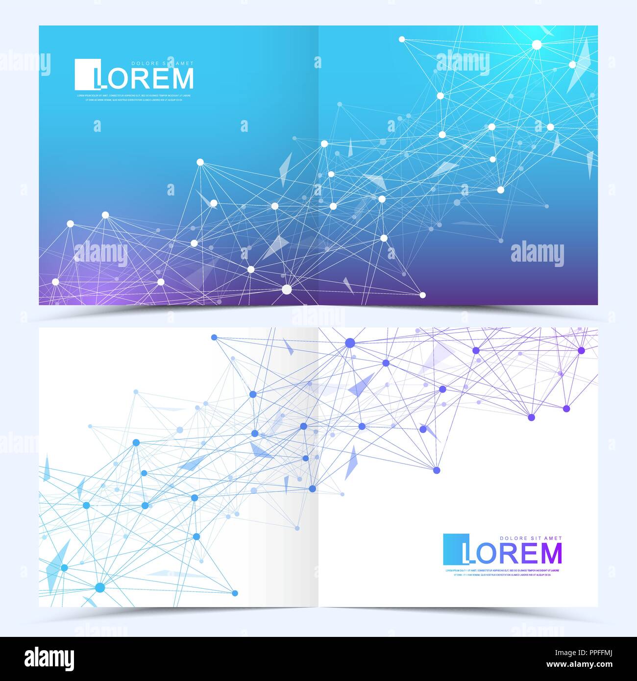 Moderne vektor Vorlagen für quadratischen Deckel Broschüre, Flyer, Katalog, Zeitschrift oder Jahresbericht. Wirtschaft, Wissenschaft und Technologie. Anschluss von Linien und Punkten. Linien Plexus. Karte Oberfläche Stock Vektor