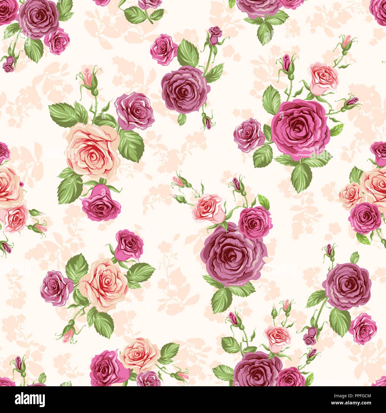 Blumen Blätter Rosenknospen nahtlose Muster Rot Pink cute Luxus Stock Vektor