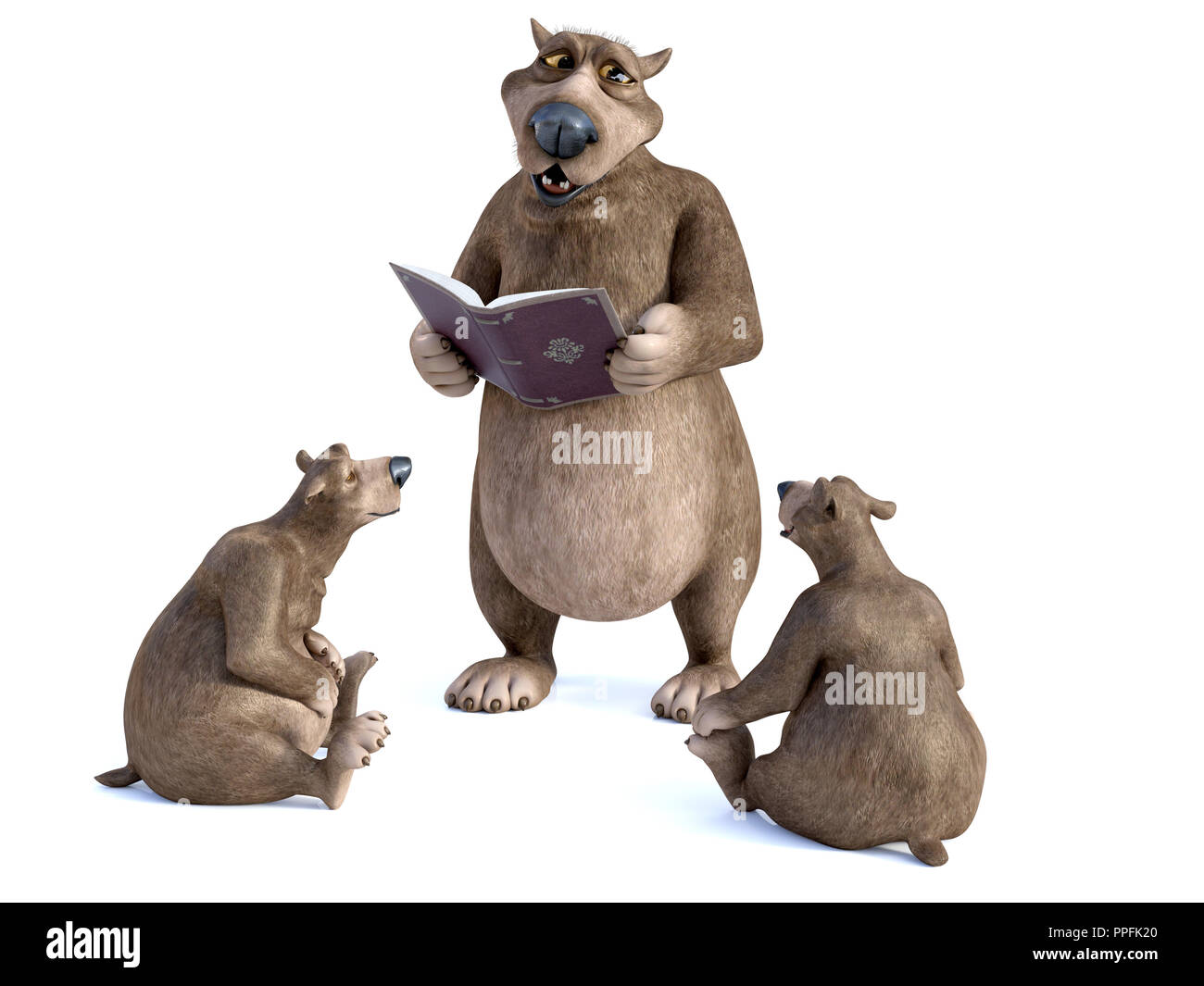 3D-Rendering von einem charmanten Lächeln cartoon Bear hält ein Buch in der Hand und lesen zu Zwei junge Bären. Es ist storytime! Weißer Hintergrund. Stockfoto
