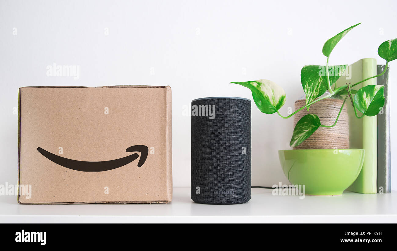 BARCELONA - September 2018: Amazon Echo Smart Home Alexa Voice Service Neben einer Bestellung in einem Karton in einem Wohnzimmer am 25. September 2018 in B Stockfoto