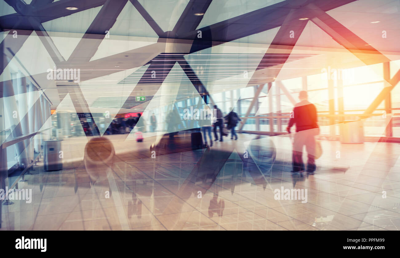 Modernen Flughafen mit blur Effekte. Double Exposure Stockfoto