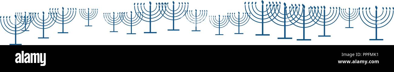 Happy Chanukka Vorlage Banner als Muster wiederholen von einfachen Umriß Hanukkah Menorah mit brennenden Kerzen in blau mit leeren weißen transparenten backgrou Stock Vektor