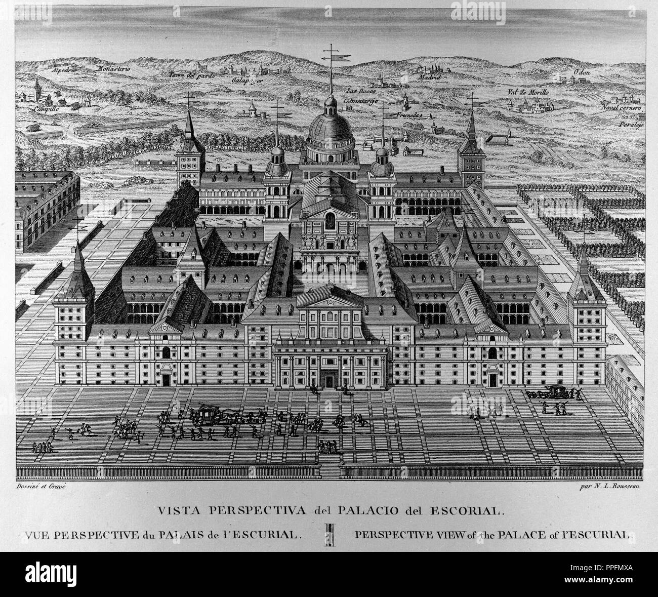 VISTA PERSPEKTIVE DEL PALACIO DEL ESCORIAL - GRABADO SIGLO XIX. Autor: DESSINÉ. Lage: MUSEO DE HISTORIA - MAPAS Y PLANOS. MADRID. Spanien. Stockfoto