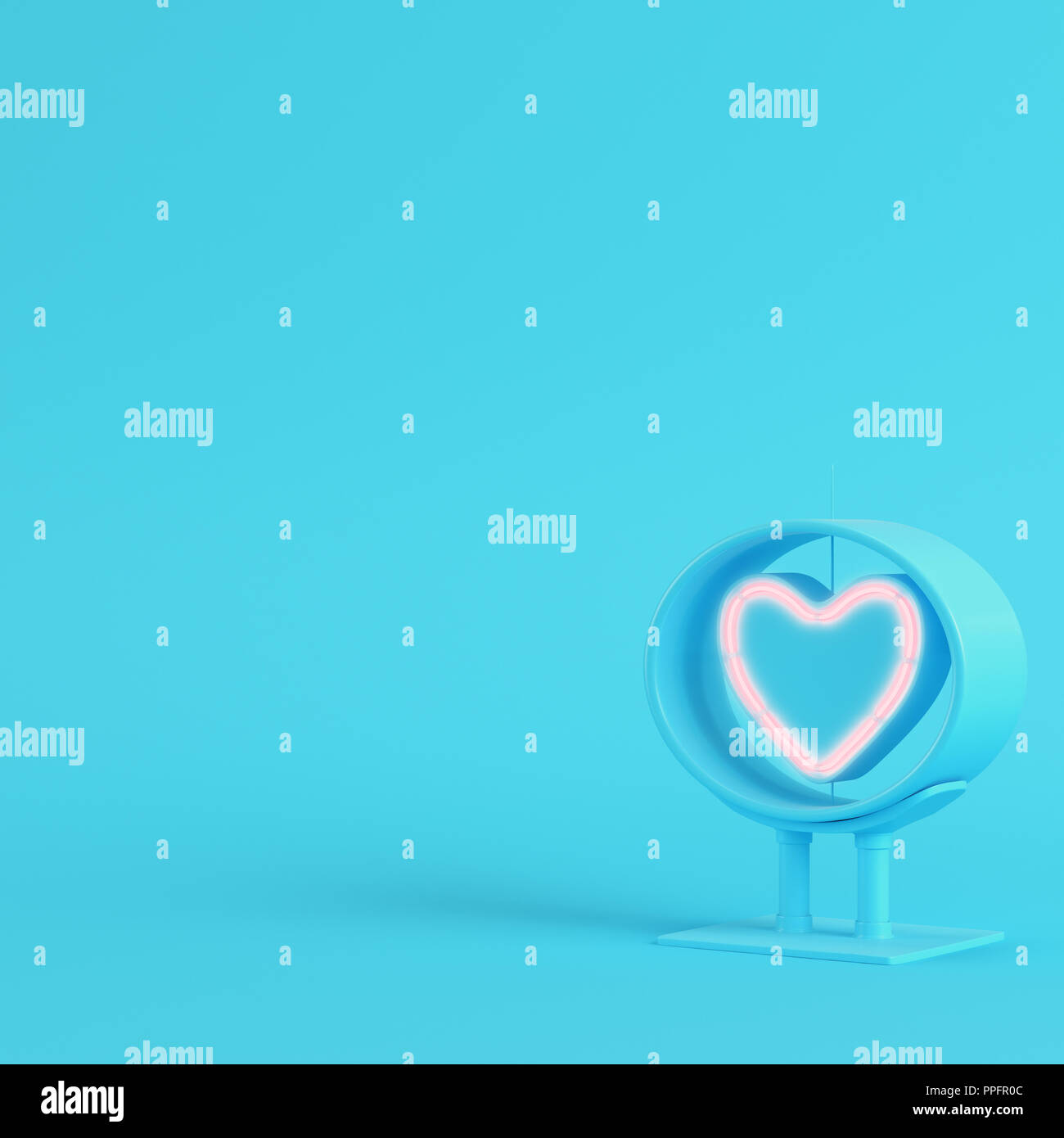 Neon Herz Form im Rahmen auf hellen blauen Hintergrund in Pastellfarben. Minimalismus Konzept. 3D-Rendering Stockfoto