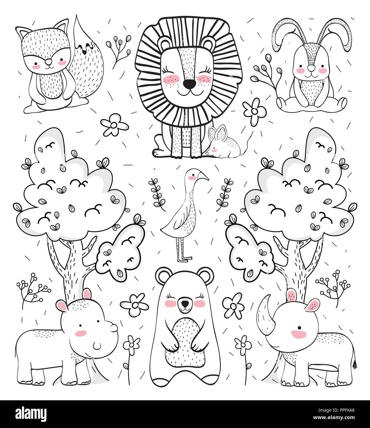 Cute Wild Animal mit Bäumen und Blumen Stock Vektor