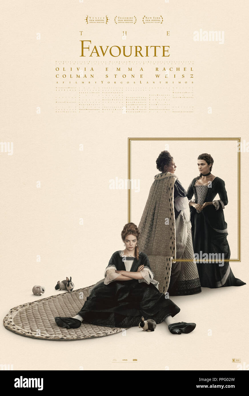 Der Liebling (2018) von Yorgos Lanthimos Regie und Hauptdarsteller Olivia Colman, Rachel Weisz, Emma forscht und Emma Stone. Zwei weibliche Cousins Kampf um Einfluss in der Hof von Königin Anne. Stockfoto