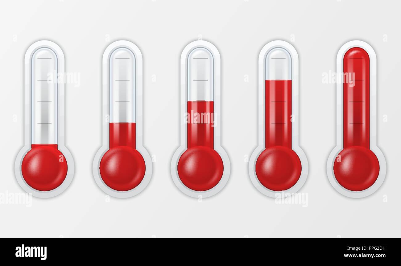 Vektor realistische 3d Glas Meteorologie, Wetter thermometer Maßstab Zeichen Icon Set closeup auf weißem Hintergrund. Clip Art, Design Template für Grafiken. Thermometer mit verschiedenen Ebenen und ohne Zahlen und Symbole Stock Vektor