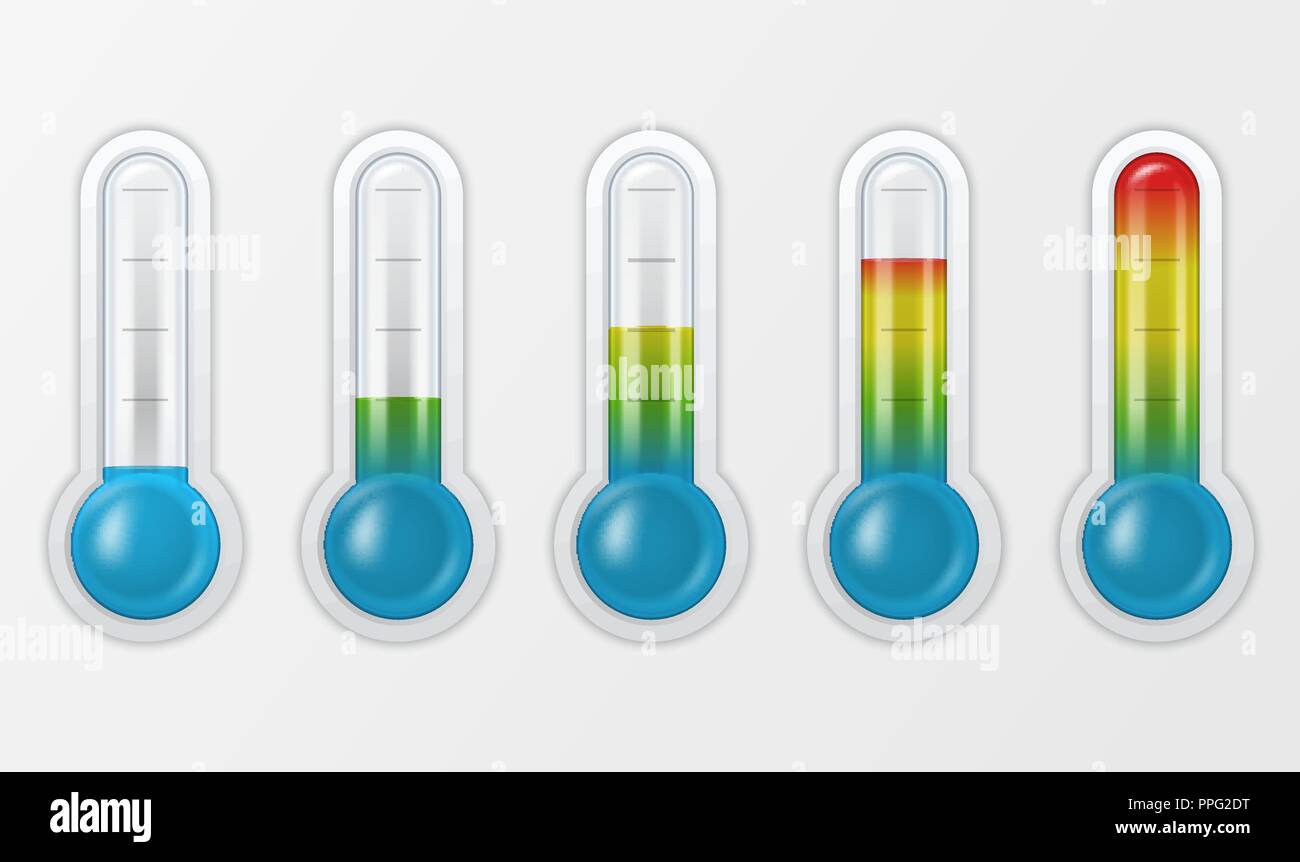 Vektor realistische 3d Glas Meteorologie, Wetter thermometer Maßstab Zeichen Icon Set closeup auf weißem Hintergrund. Clip Art, Design Template für Grafiken. Thermometer mit verschiedenen Ebenen und ohne Zahlen und Symbole Stock Vektor