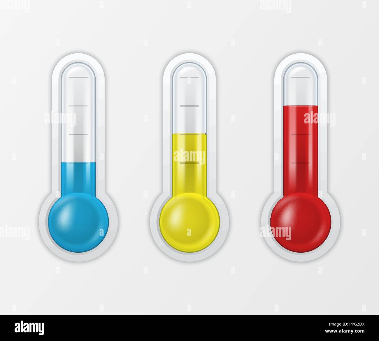 Vektor realistische 3d Glas Meteorologie, Wetter thermometer Maßstab Zeichen Icon Set closeup auf weißem Hintergrund. Clip Art, Design Template für Grafiken. Thermometer mit verschiedenen Ebenen und ohne Zahlen und Symbole Stock Vektor