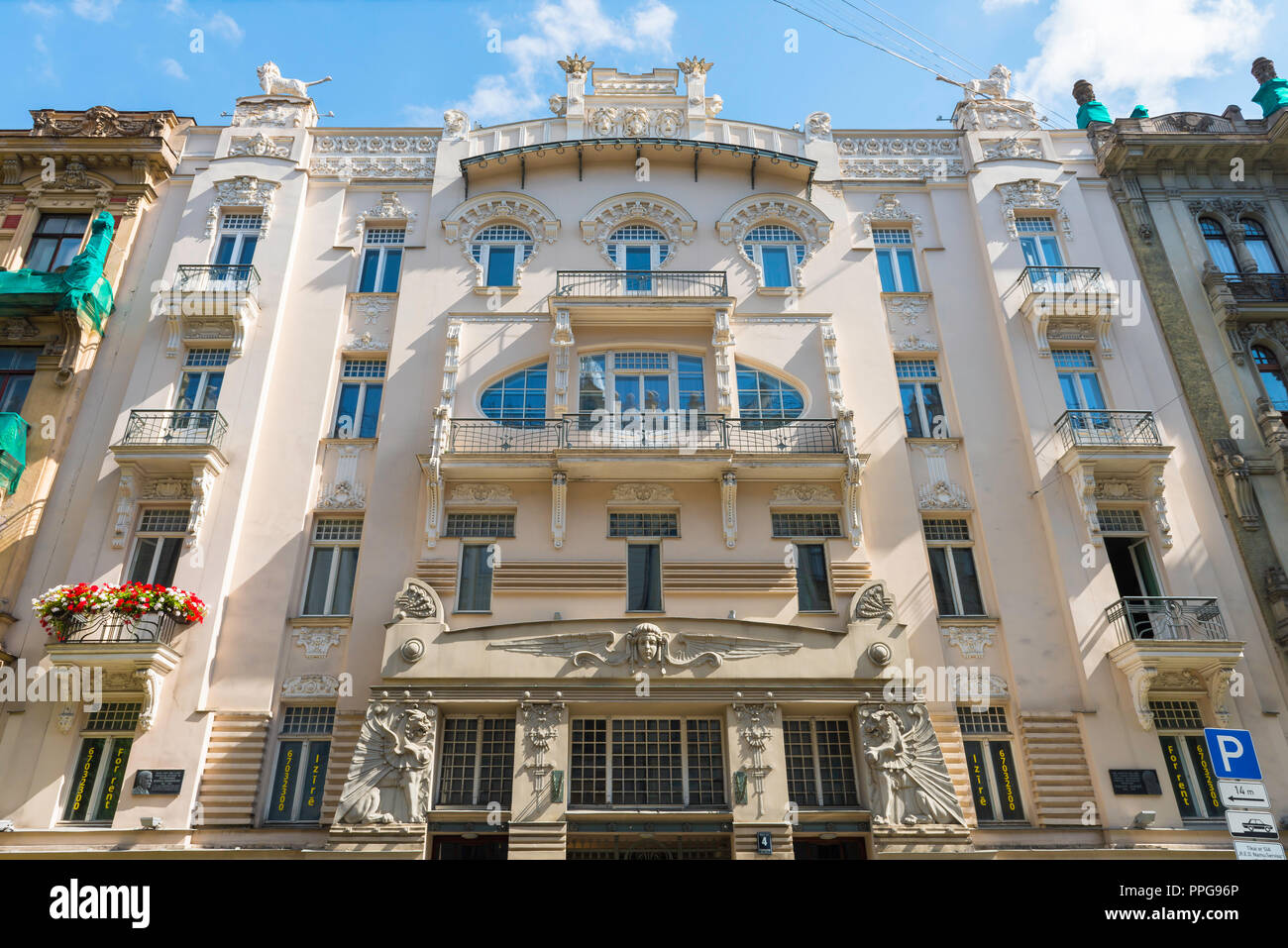 Riga Architektur, eine Jugendstil Gebäude von Michail Eisenstein in Alberta Iela im Art Nouveau Stadtteil von Riga, Lettland entwickelt. Stockfoto