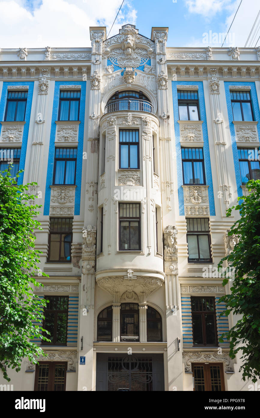 Riga Architektur, eine verzierte Jugendstil Gebäude von Michail Eisenstein in Alberta Iela im Art Nouveau Stadtteil von Riga, Lettland entwickelt. Stockfoto