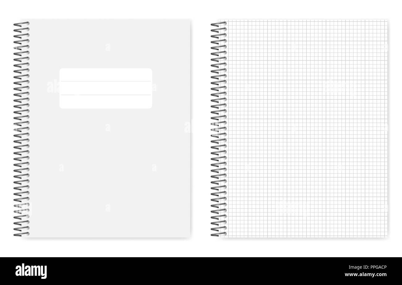Kabel gebunden Grid gesäumt Notebook, realistische Vektor mockup. Metall Spiralbindung Notiz Buch, Mock up. Loses Blatt Letter Format copybook, Vorlage Stock Vektor