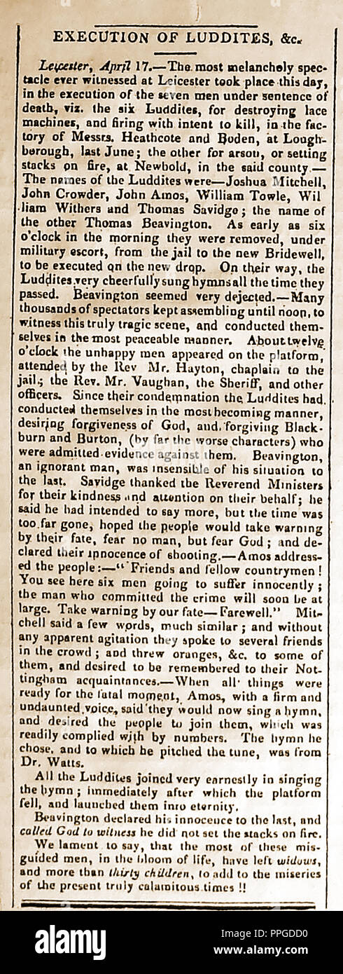 Ein Zeitungsbericht aus der Zeit der öffentlichen Hinrichtung von ludditen in Leicester (Joshua Mitchell, John Crowder, John Amos, William Towle, William Widerrist, Thomas Savidge, Thomas Beavington) 17. April 1817 Stockfoto