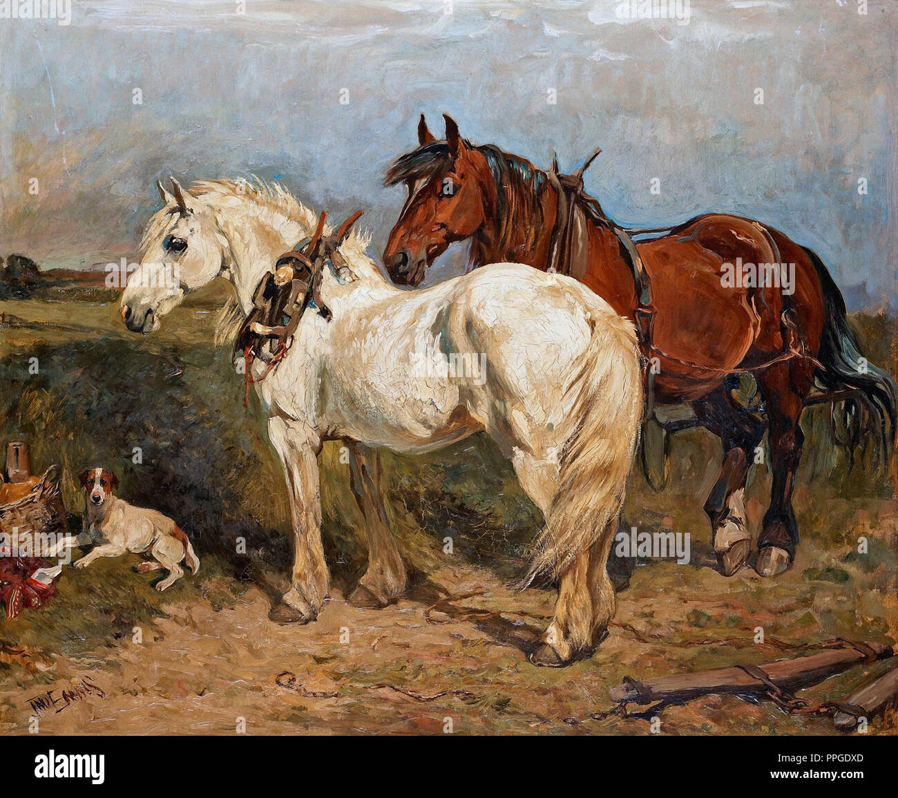 Emms John, zwei Pferden und einem ruhenden Hund Stockfoto