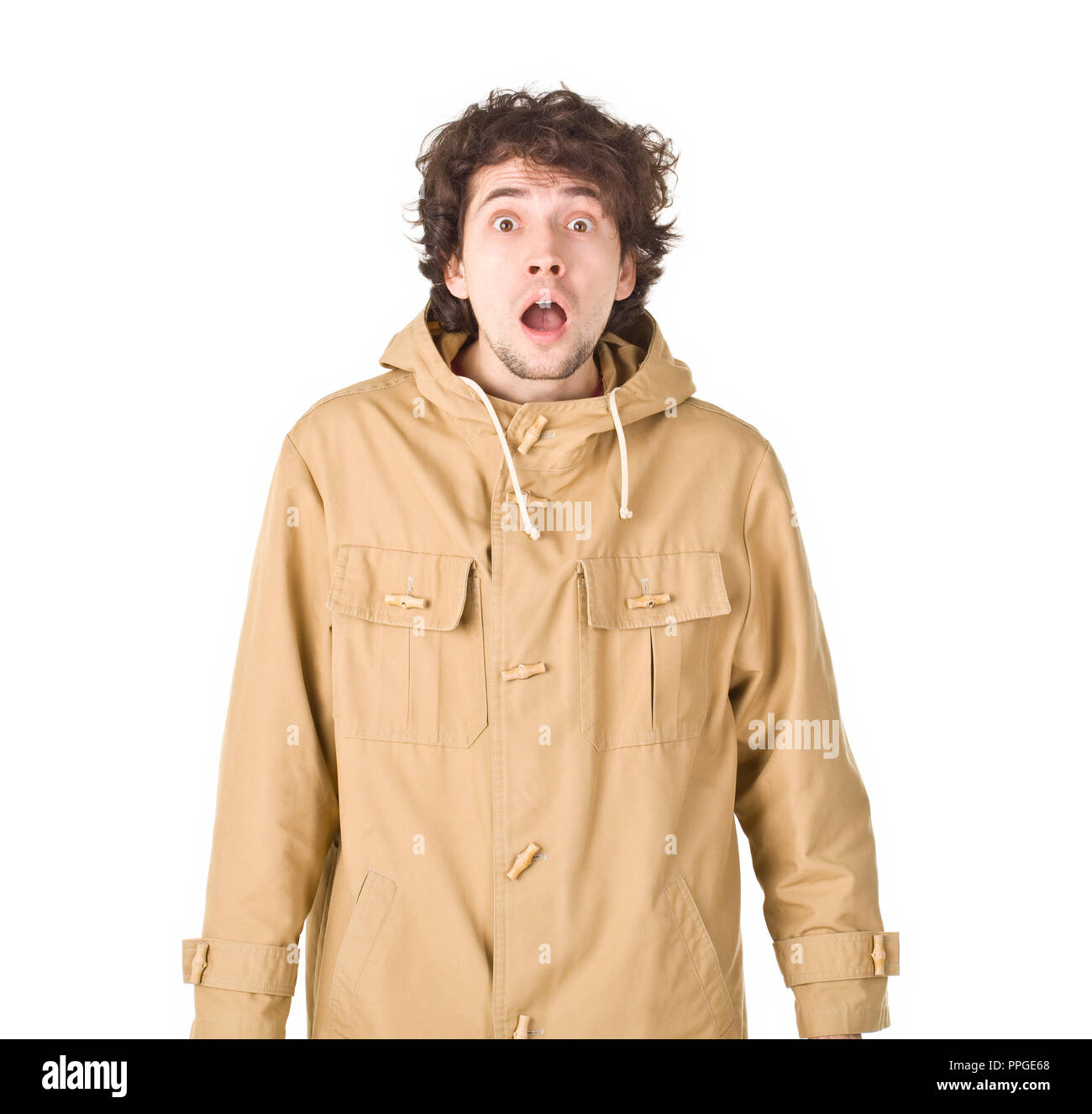 Überraschende kinky Mann im braunen Mantel Stockfoto