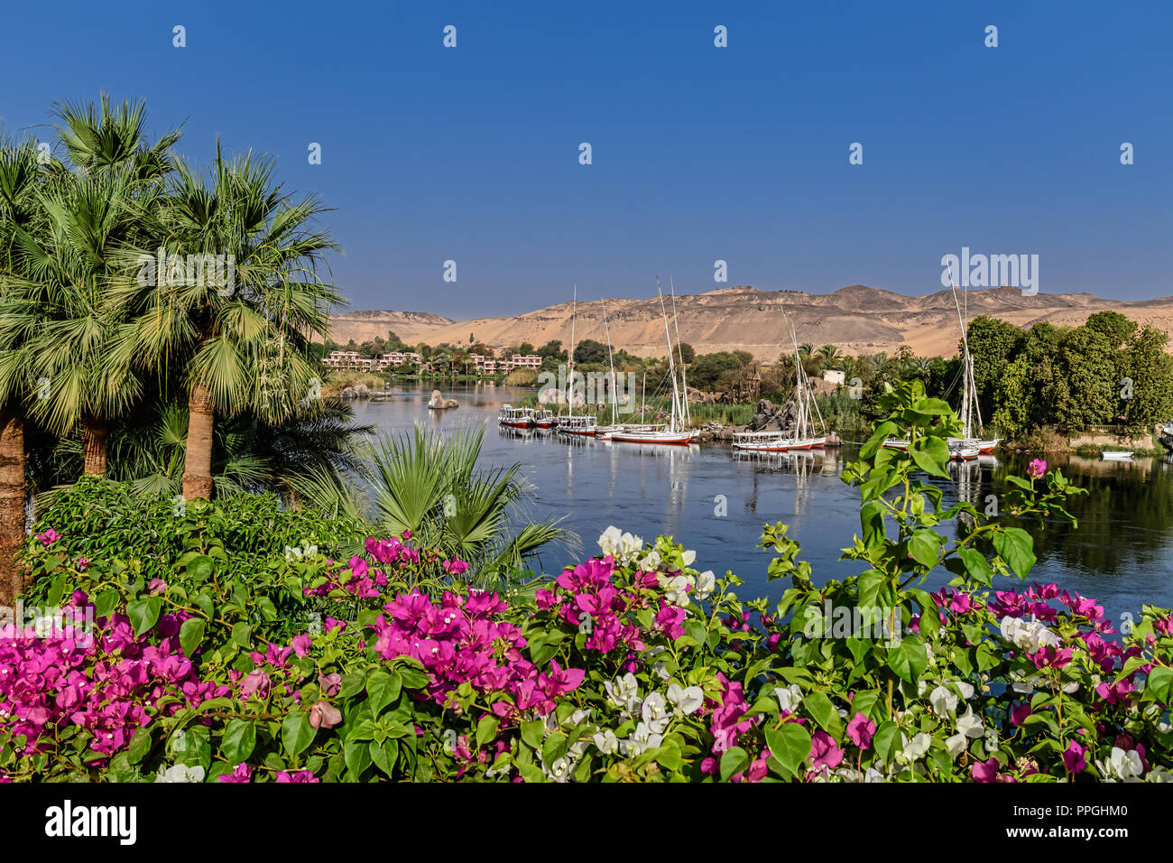 Mit Blick auf den Nil vom Pool Deck des historischen Old Cataract Hotel in Assuan Stockfoto