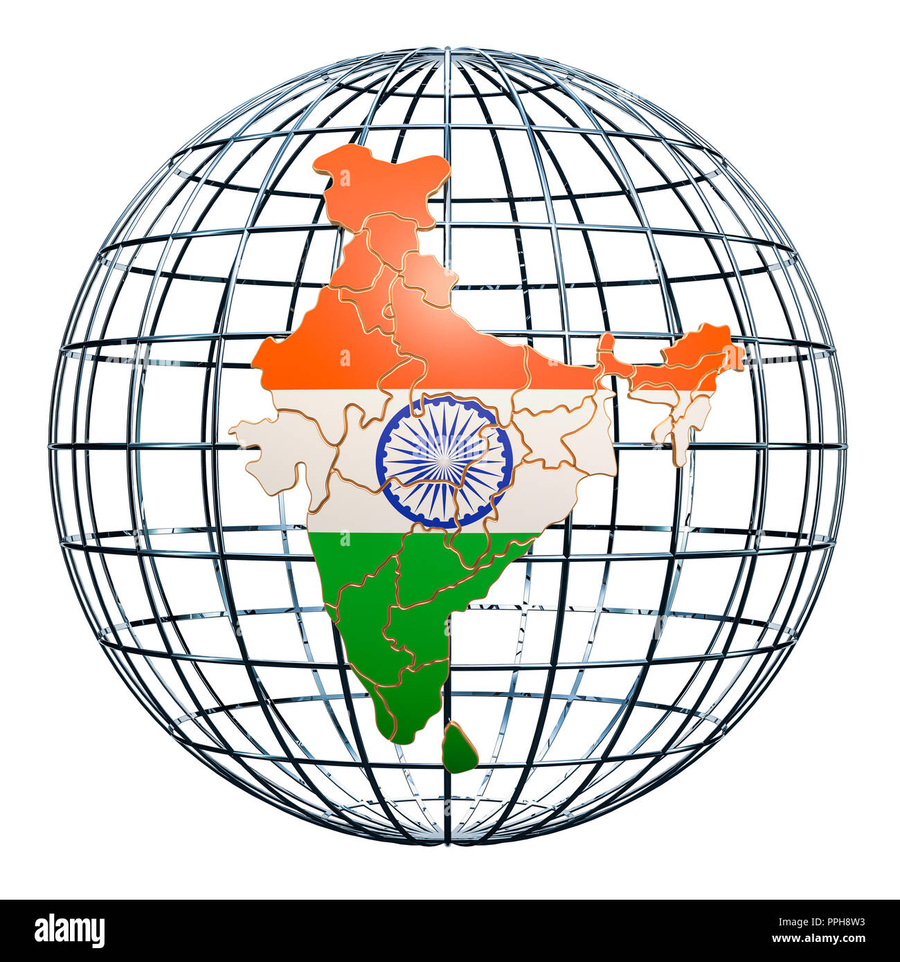 Indische Karte auf der Erdkugel. 3D-Rendering auf weißem Hintergrund Stockfoto