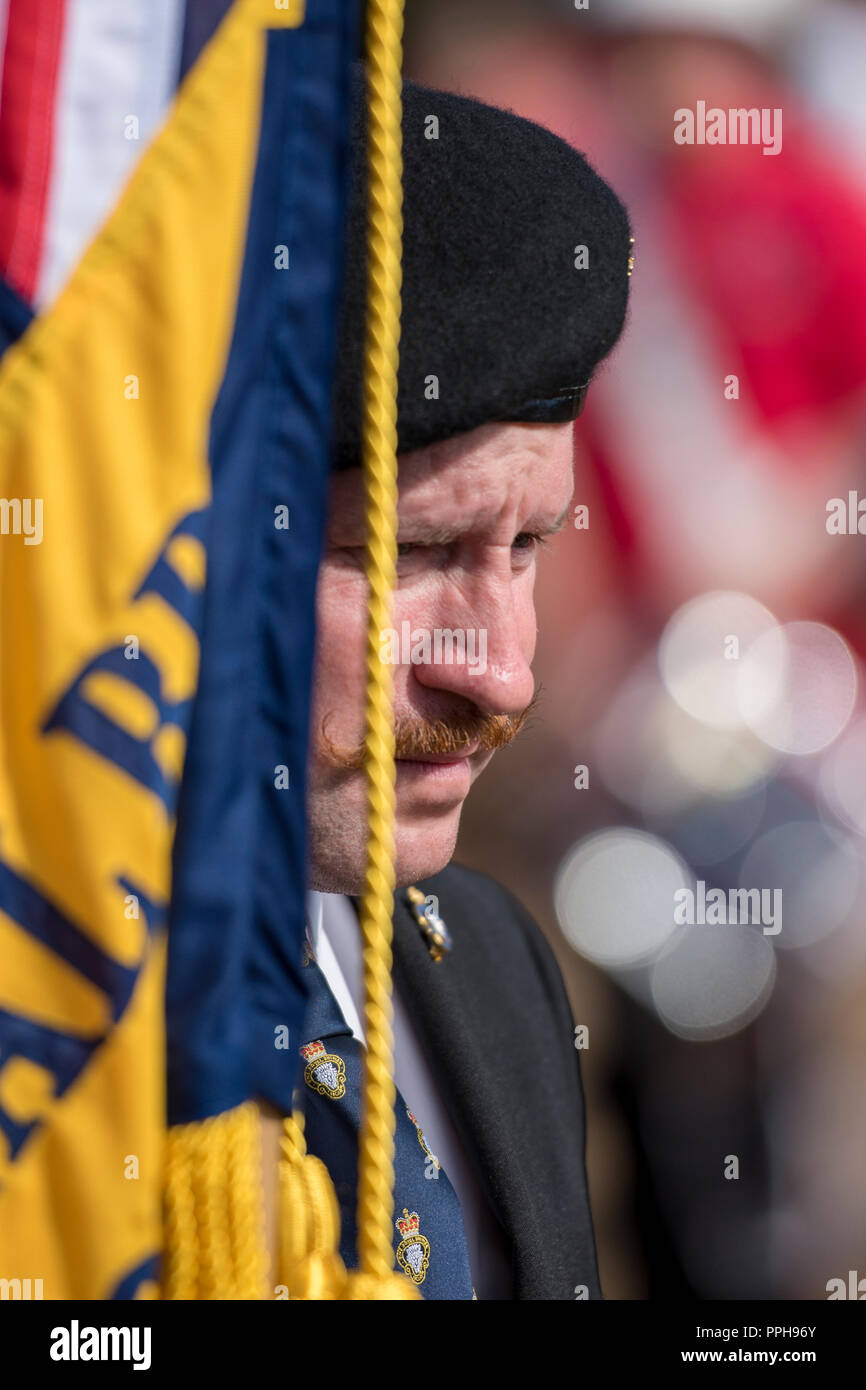 Ein Royal British Legion Erinnerung Parade und Flagge oder Standartenträger. Ältere Gentleman oder Veteran holding Flagge bei einer Parade am Armistice Day. Stockfoto