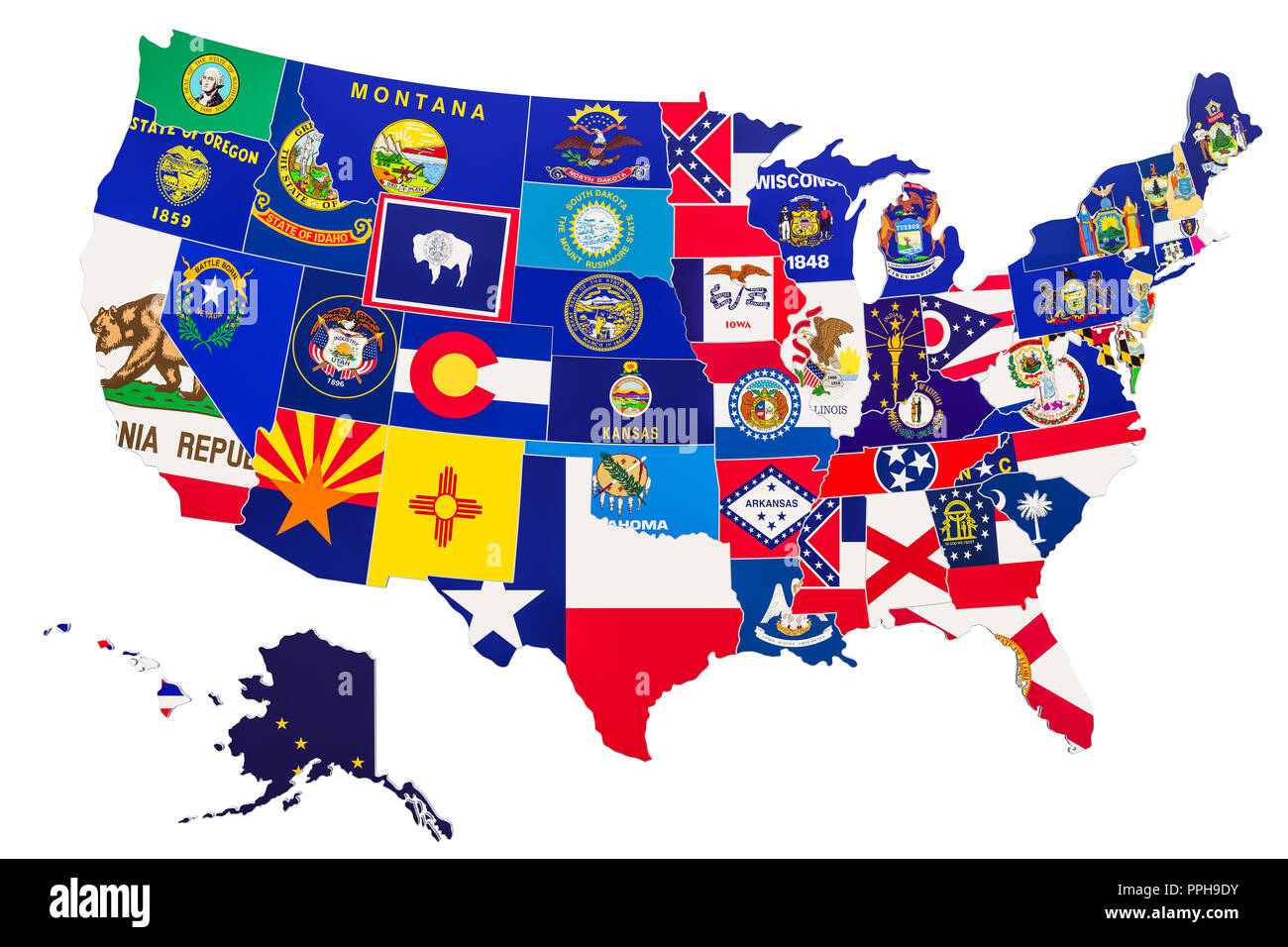 Vereinigte Staaten von Amerika Karte mit Flaggen, 3D-Rendering auf weißem Hintergrund Stockfoto