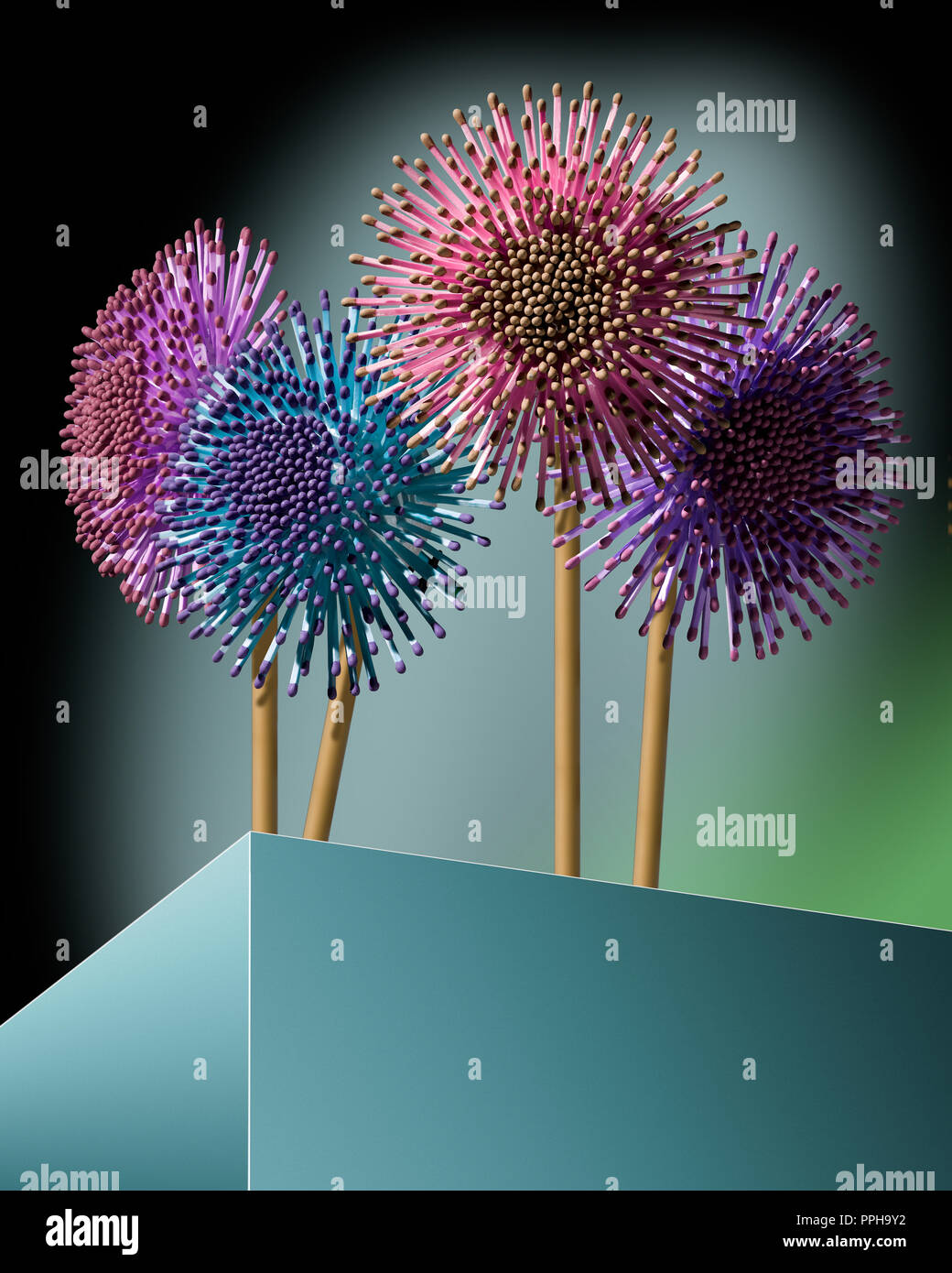 Runde Blumen mit Blüten aus hellem Holz entspricht Stockfoto