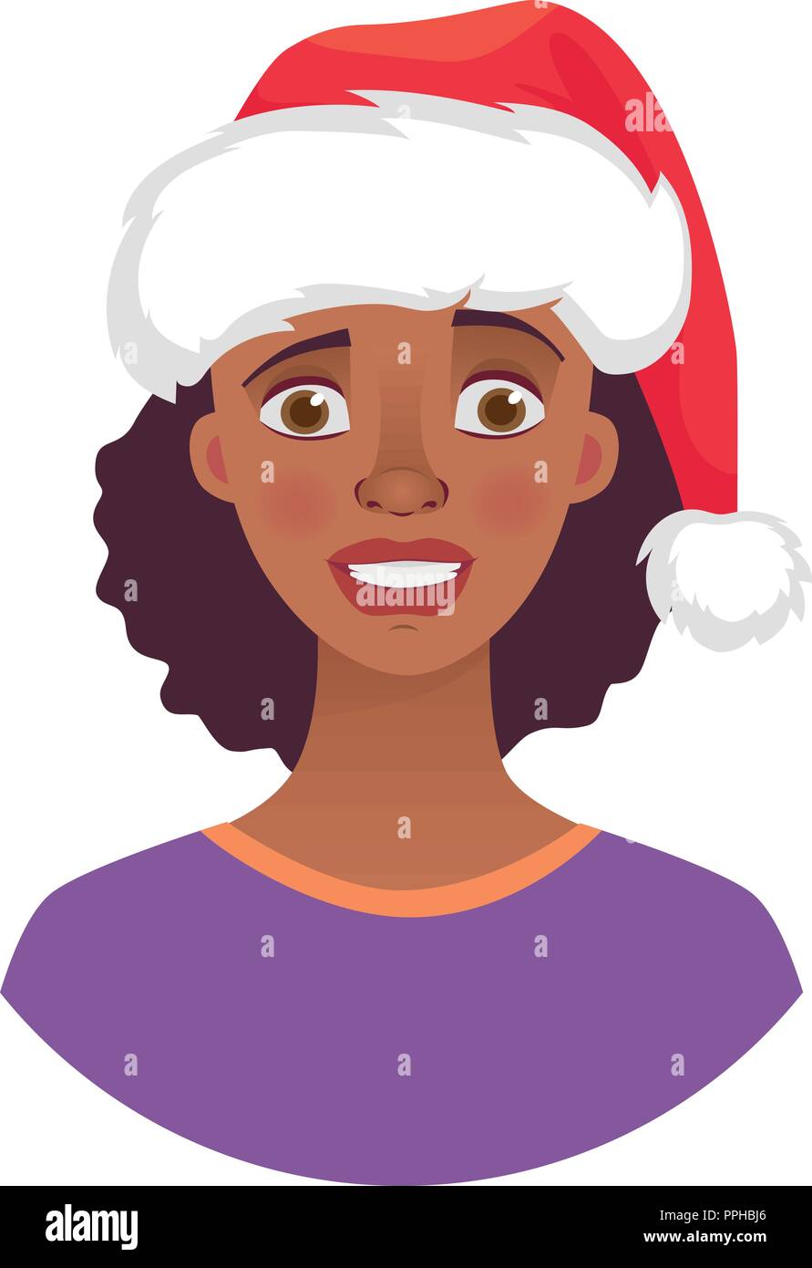 Weihnachten Frau in Santa Claus hat. Gefühle der afrikanischen amerikanischen Frau Gesicht. Gesichtsausdruck. Afrikanisches Mädchen Vector Illustration Stock Vektor