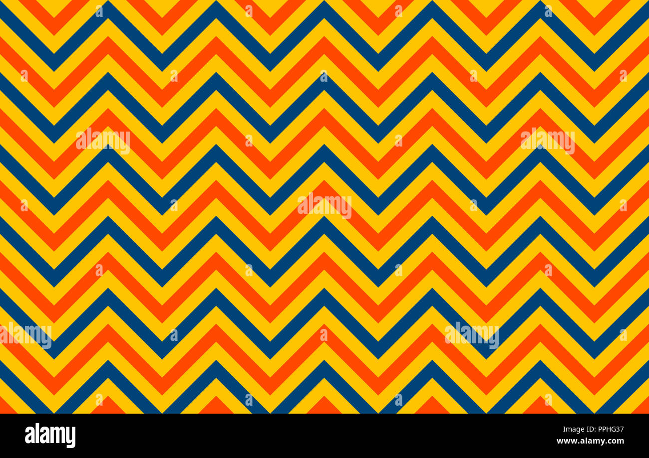 Retro chromatische Muster von Chevron Linien in Orange und Blau auf gelbem Hintergrund, Grafik Ressource als abstrakt Hintergrund Stockfoto