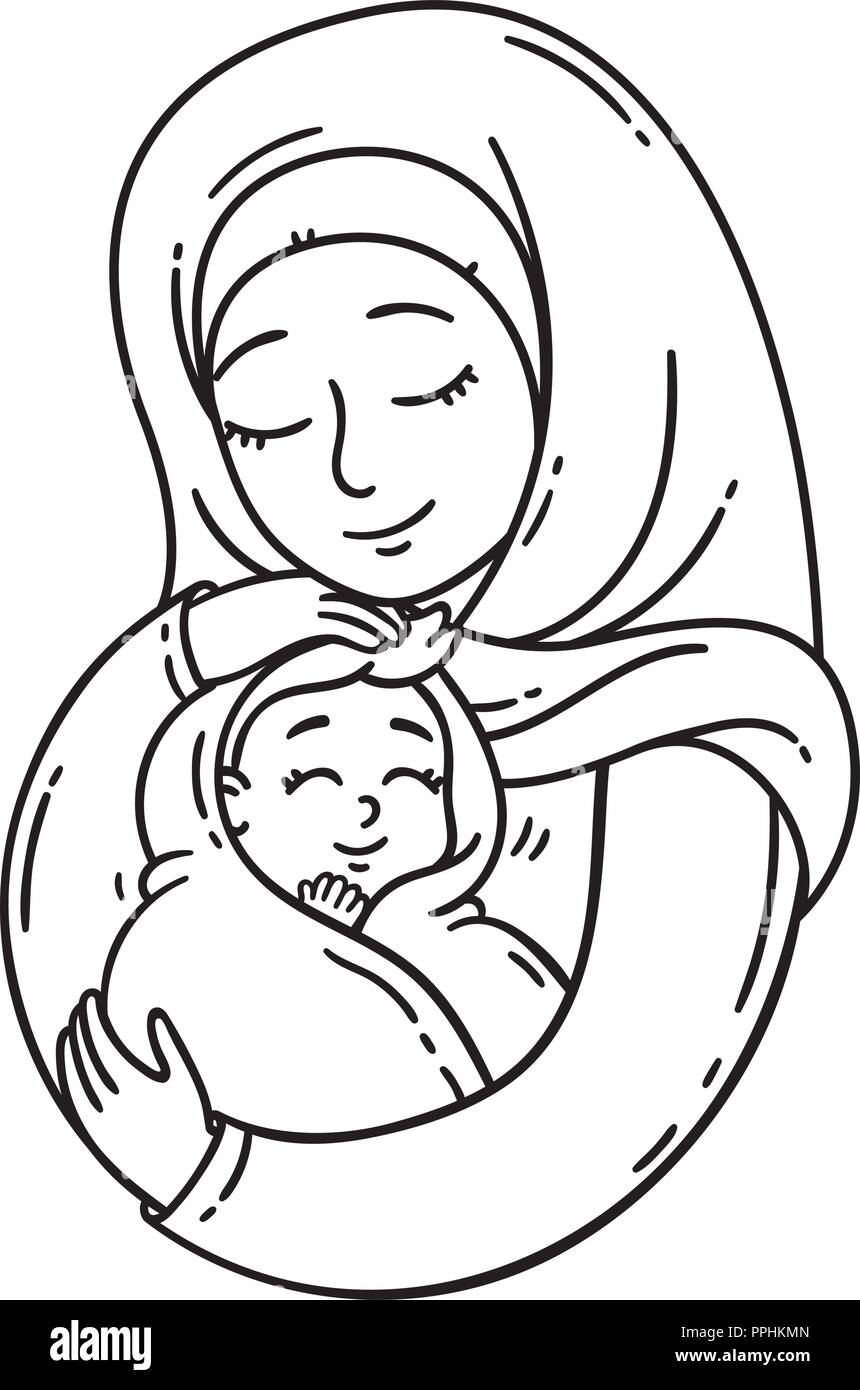 Muslimische Mutter Holding Baby Die Beste Mama Eine Hubsche Mutter Halt Cute Baby Vector Schwarz Und Weiss Abbildung Auf Weissem Hintergrund Farbgebung Stock Vektorgrafik Alamy