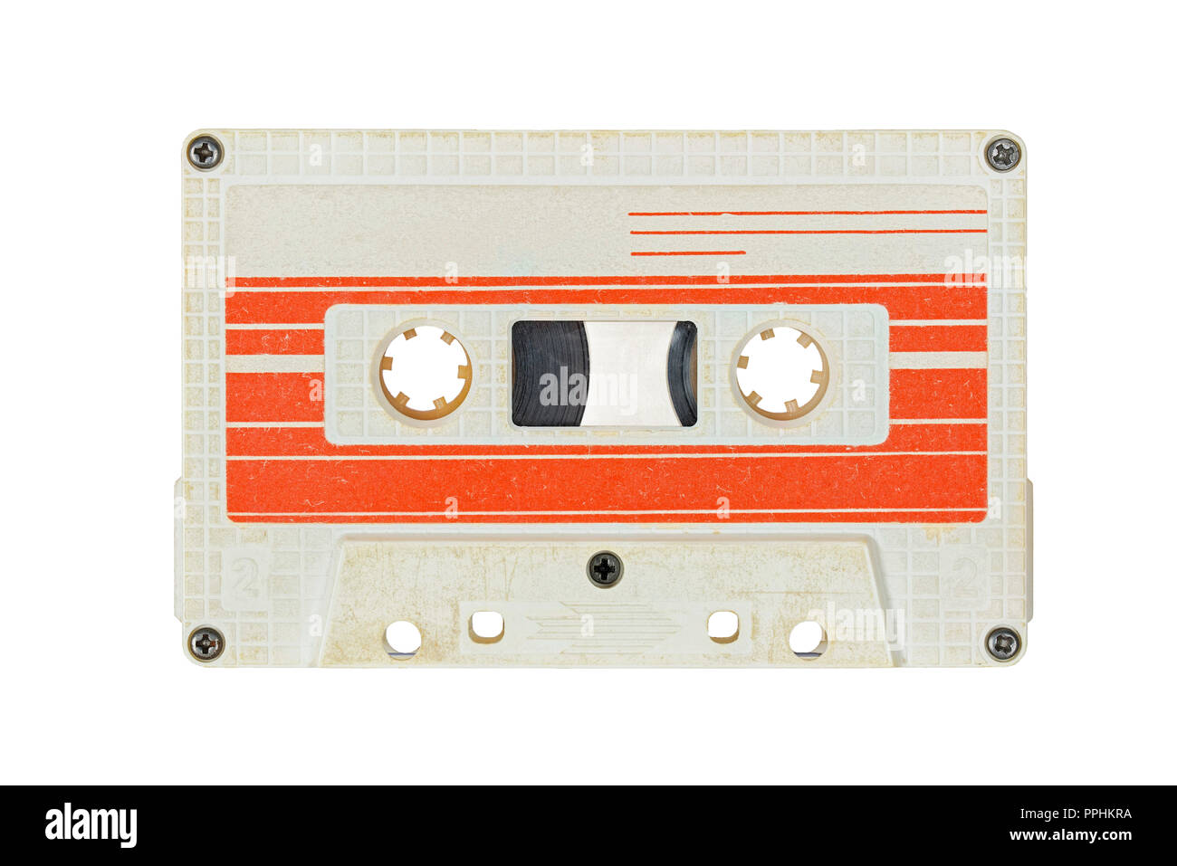 Retro white Audio Cassette auf weißem Hintergrund. Rot gestreiften Label. Stockfoto