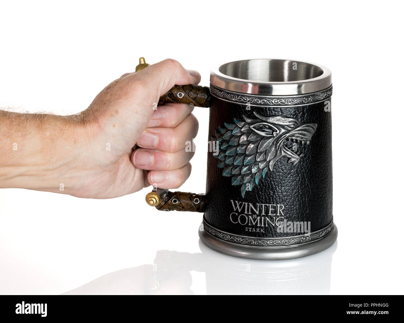 Offizielle Winter kommt Stark tankard vom Spiel der Throne Serie Stockfoto