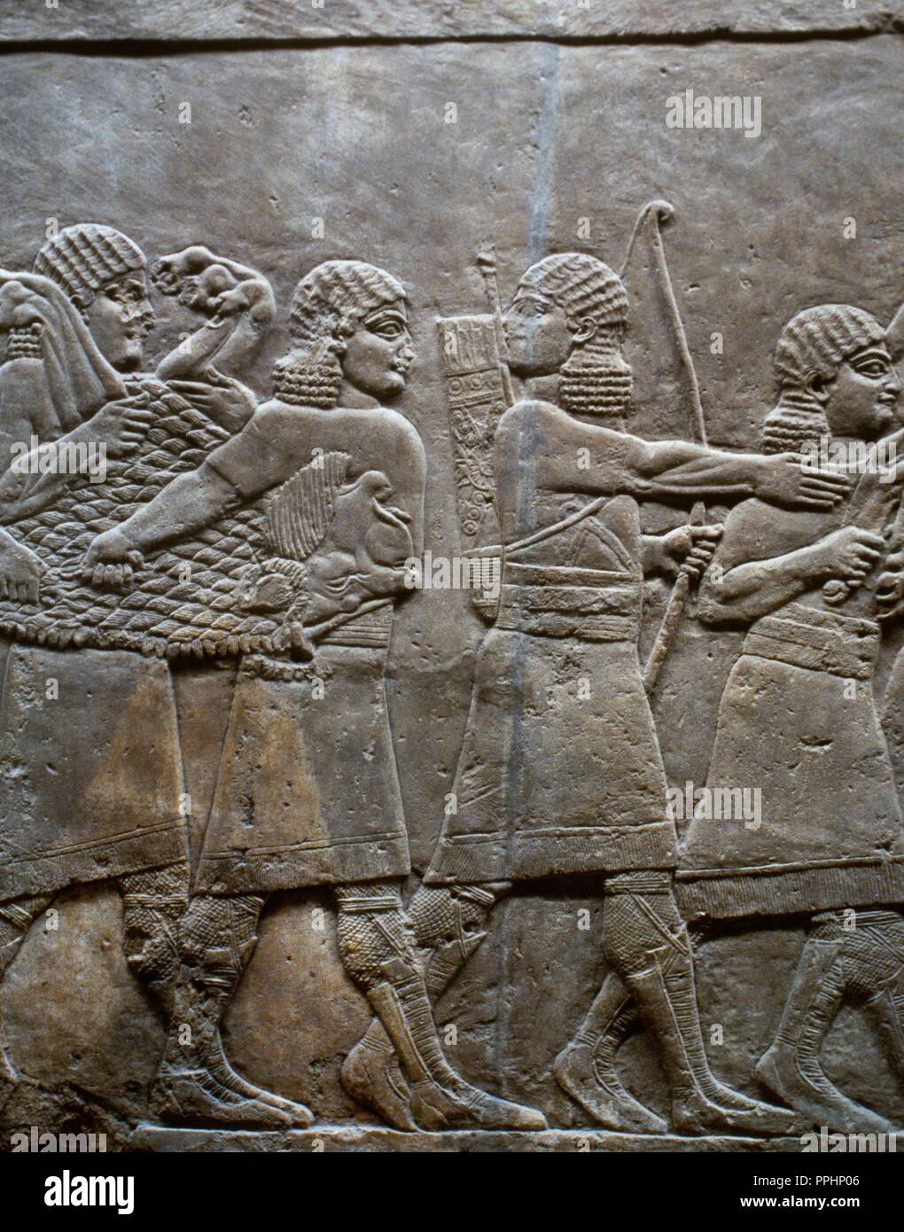 Palast von Assurbanipal, Ninive. Irak. Relief, Rückkehr der Jäger. Obere Mesopotamien. Neuassyrischen Reich, 7. Jahrhundert v. Chr.. British Museum. London, Vereinigtes Königreich. Stockfoto