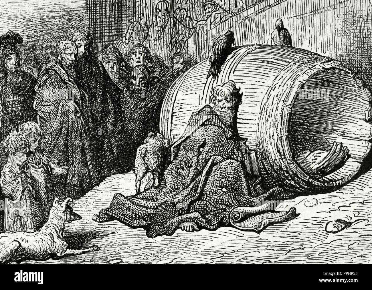 Diogenes (412-323 v. Chr.). Griechischer Philosoph. Einer der Gründer der Zyniker Philosophie. Auch bekannt als der Zyniker Diogenes. Diogenes Tierheime in seinem Fass. Stich von Gustave Dore. Stockfoto