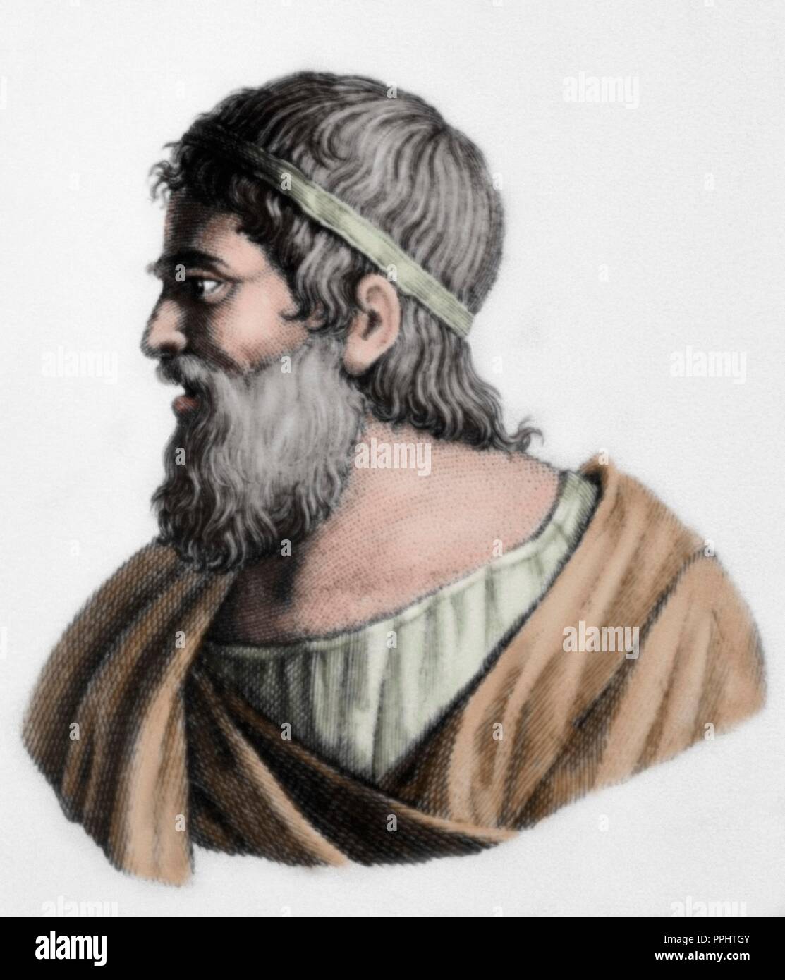 Archimedes (Syracuse-Syrakus-287,-212). Griechischer Mathematiker, Physiker, Ingenieur, Erfinder und Astronom. Porträt. Gravur. Farbige. Stockfoto