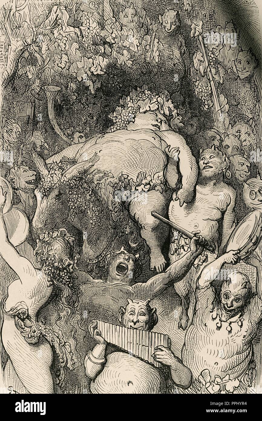 Bacchus. Stich von Gustave Dore. des 19. Jahrhunderts. Stockfoto