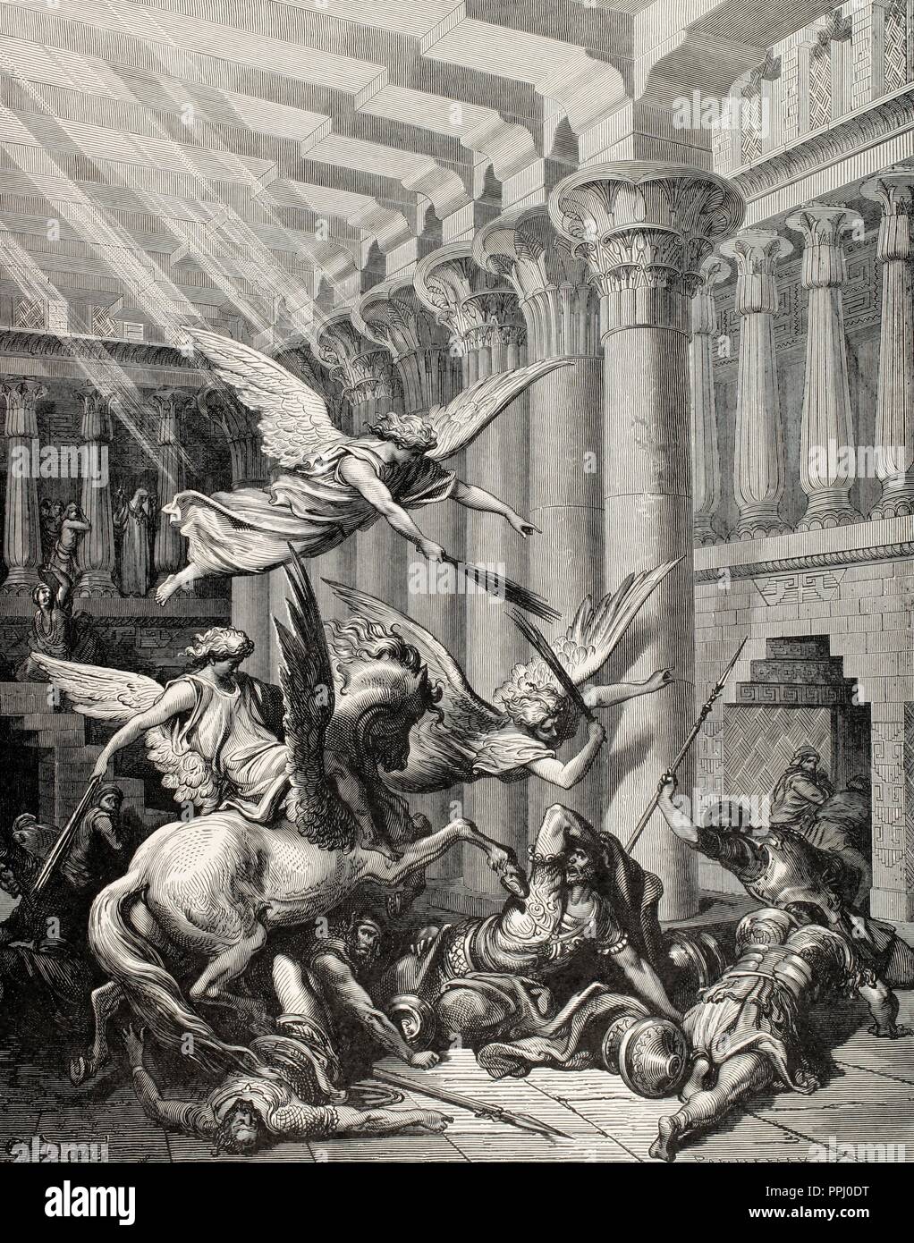 Heliodor. Jahrhundert v. Chr.. Minister der syrischen König Seleukos IV Philopator. Versucht, die Schätze des Tempels von Jerusalem zu ergreifen. Heliodor vertrieben des Tempels von der himmlischen Boten. Kupferstich von Pannemaker. Die Bibel in Bildern von Gustave Dore. 19. Stockfoto