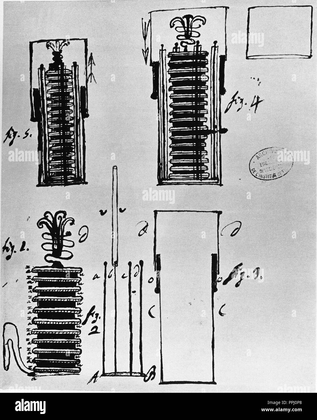 Voltasche Säule, die erste elektrische Batterie, die ständig könnte ein elektrischer Strom an einen Stromkreis. Es wurde von Alessandro Volta, der seine Experimente in der 1799 veröffentlichten erfunden. Thema: VOLTA ALEJANDRO. Stockfoto