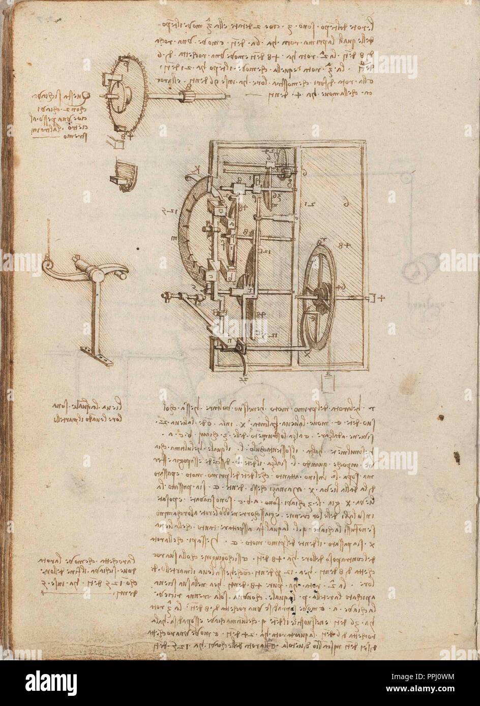 Seite 27 V DES VERTRAGS VON STATIK UND MECHANIK - Manuskript - 15. JAHRHUNDERT - italienische Renaissance. Autor: LEONARDO DA VINCI. Lage: Biblioteca Nacional - coleccion. MADRID. Spanien. Stockfoto