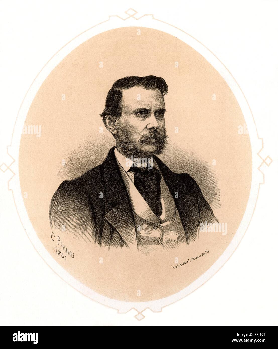 Ich Estarriol Narcís Monturiol (Figueres, 1819 - Sant Martí de Provençals, 1885). Ingenieur und Politiker. Erfinder des Ictinean U-Boot. Gravur, 1862. Stockfoto