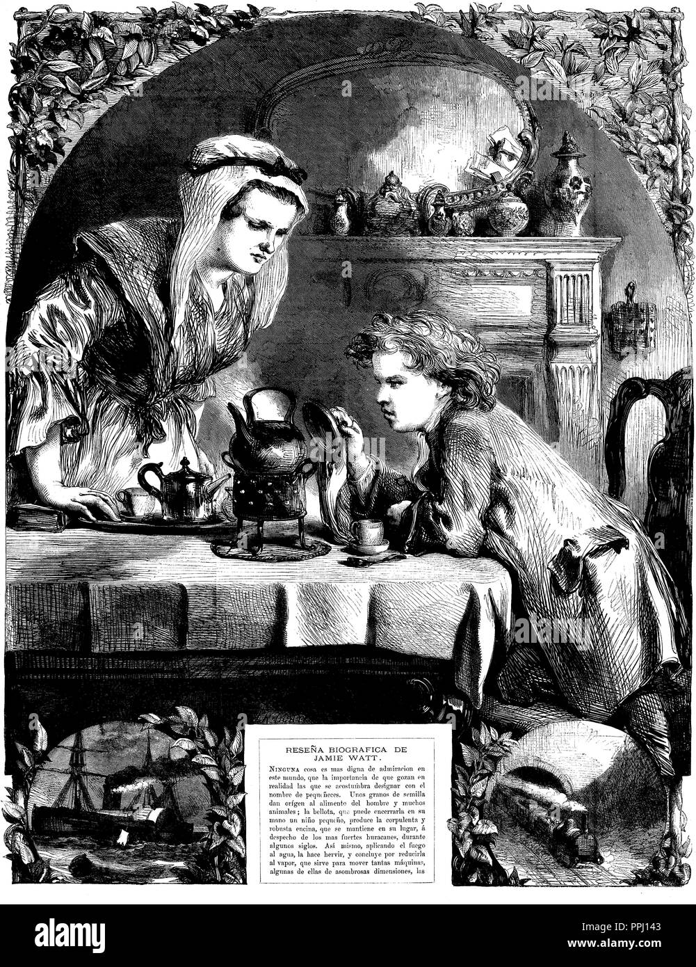 JAMES WATT (1736/1819) schottischer Erfinder, Maschinenbauingenieur und Chemiker, der auf Thomas Newcomen's 1712 Newcomen Dampfmaschine mit seinem Watt Dampfmaschine im Jahre 1781 verbessert. James Watt die Beobachtung der Auswirkungen von Dampf. Gravur, 1869. Stockfoto