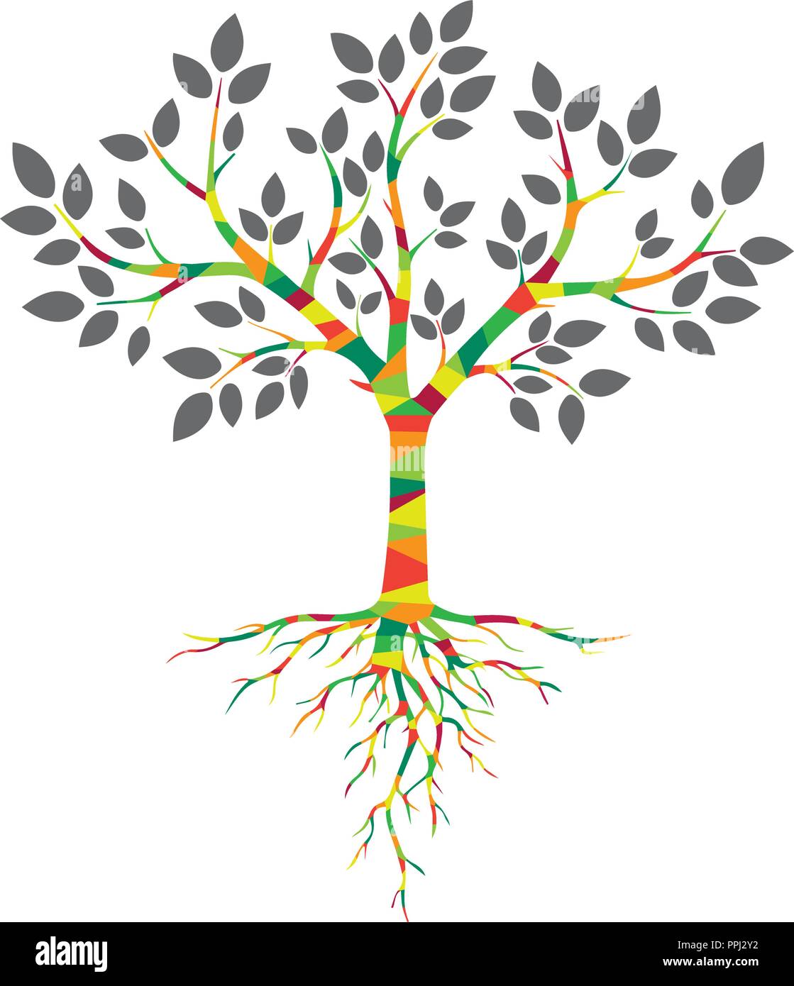 Farbige Baum mit Wurzeln und Blättern Stock Vektor