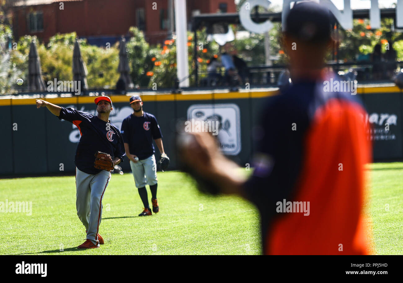 Spieler der Caribes de Anzoátegui in Venezuela sind Erwärmung im Bereich der spielen Estadio Charros de Jalisco vor dem Start der ersten Baseball Stockfoto