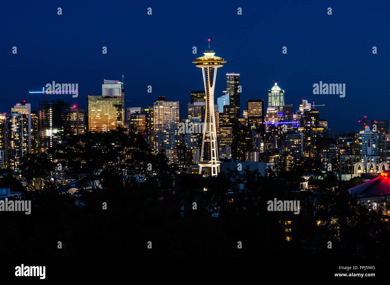 Downtown Seattle bei Nacht Stockfoto