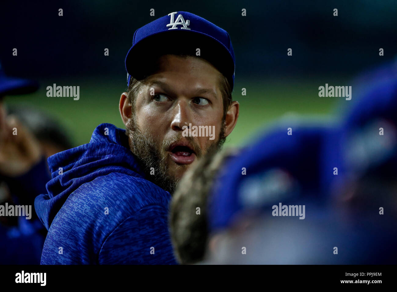 Clayton Kershaw. Baseball Aktion während der Los Angeles Dodgers Spiel gegen San Diego Padres, das zweite Spiel der Major League Baseball in Serie Stockfoto