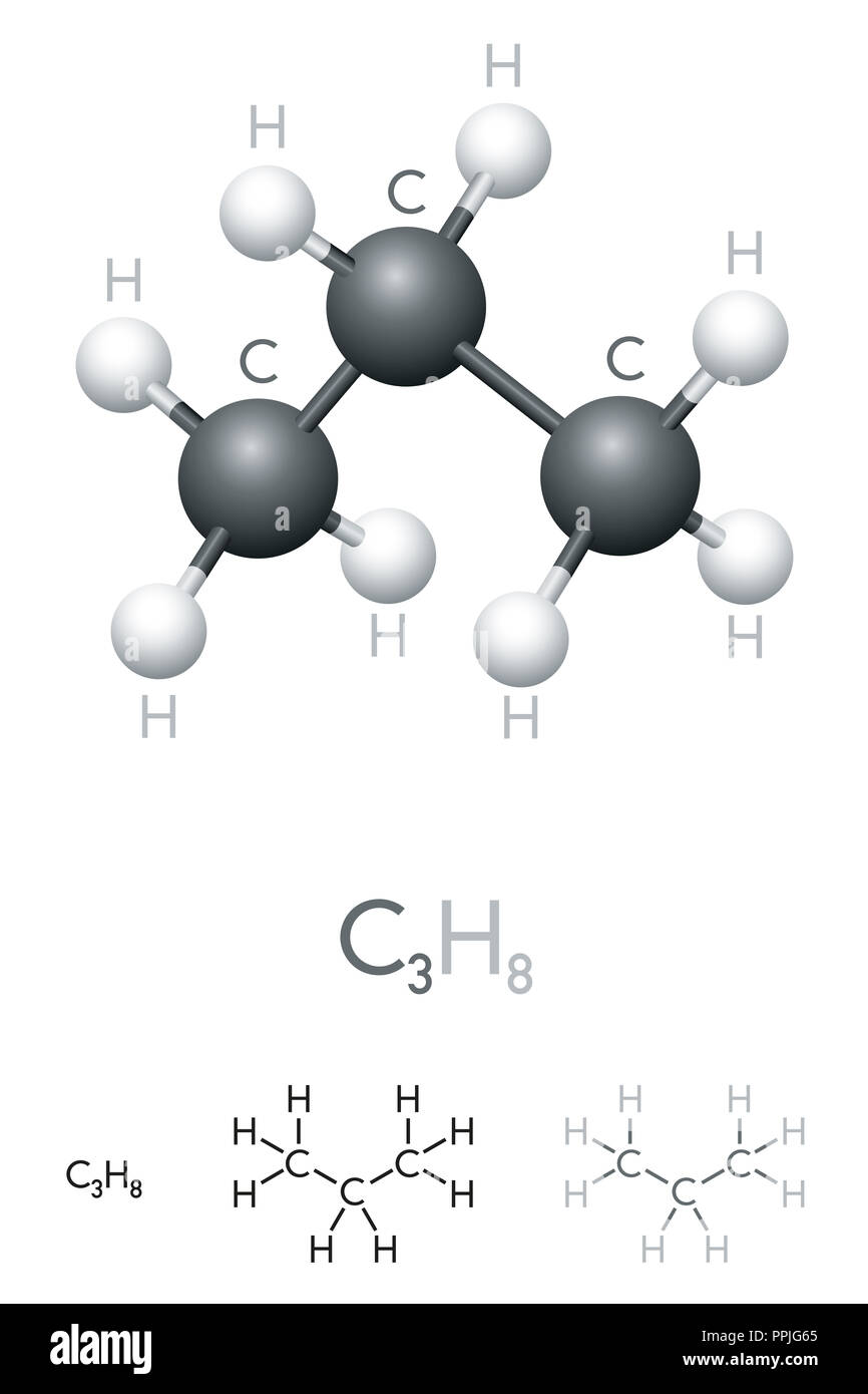 Propan, C3H8, molekülmodell und chemische Formel. Organische chemische Verbindung, wie Flüssiggas verwendet. Kugel-und-stick Modell und Formel. Stockfoto