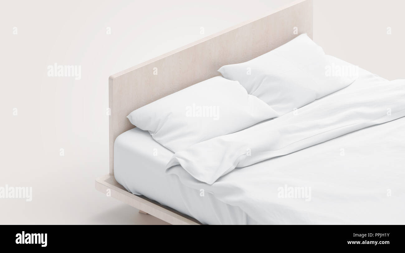 Leere weiße Bett mit Kissen Mock Ups, isoliert, 3D-Rendering. Leere versteckt Doss mit Pilow und Bettdecke mockup. Klar Decke und Kissenbezüge in bettgestell Vorlage. Bettwäsche für schlafen. Stockfoto